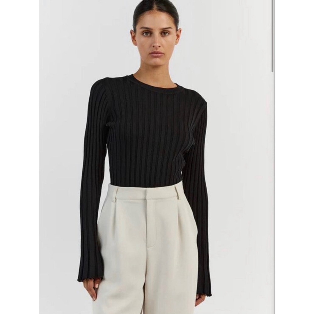 DISSH Black Ribbed Knit Long Sleeve Crew Neck Top Small Slim Fit Minimalist